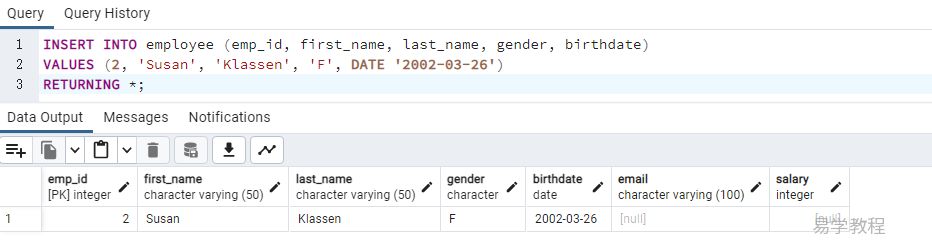 PostgreSQL 插入数据INSERT INTO 语句
